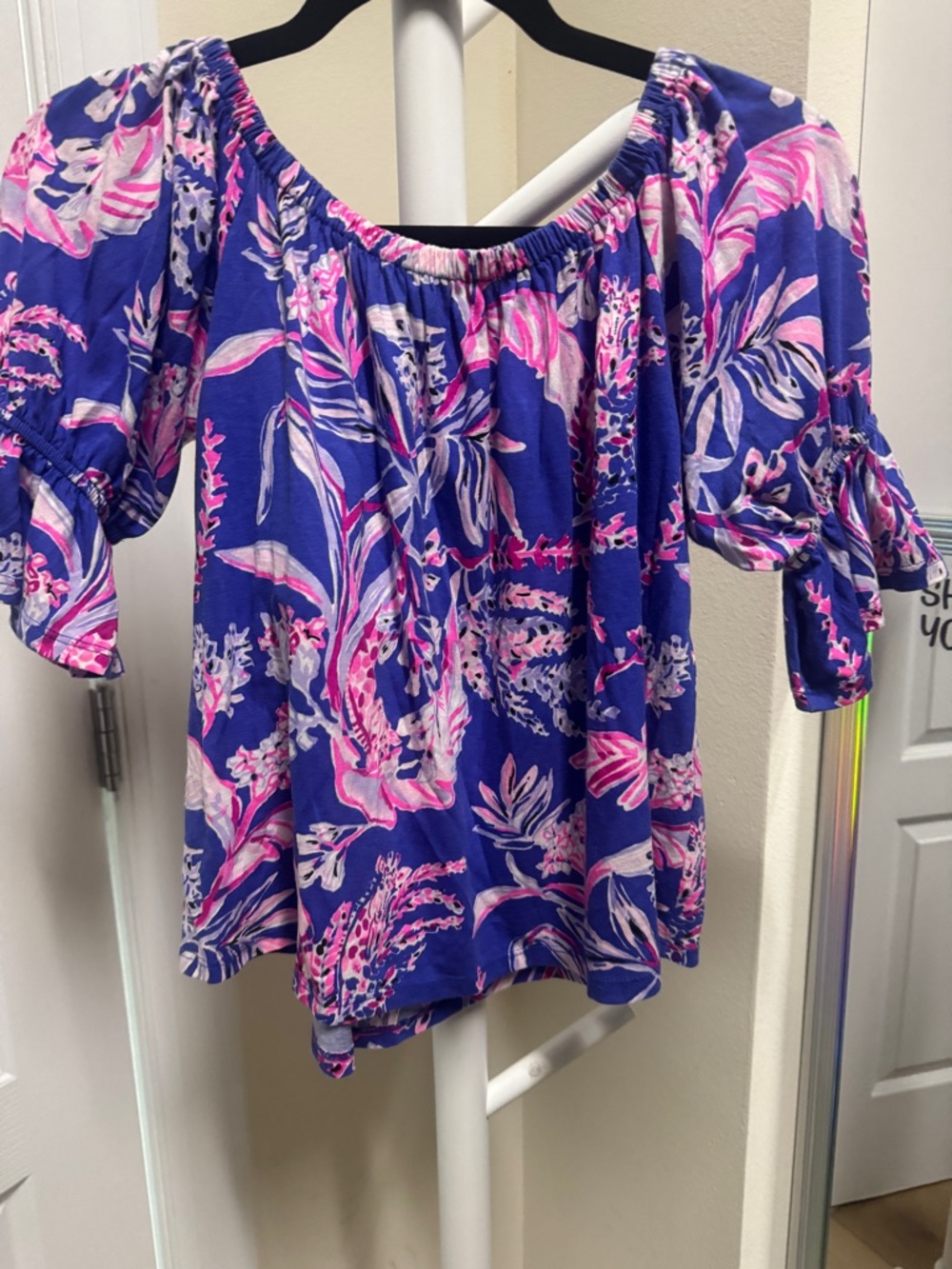 Lilly Pulitzer Off-Shoulder Floral Blouse in Royal Blue and Pink